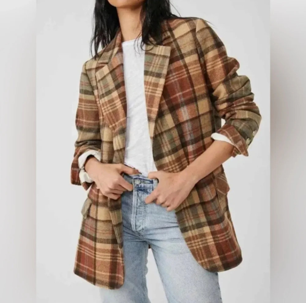Free People Women’s Sz S Mari Plaid Boxy Blazer Long Sleeve Multicolor Autumn